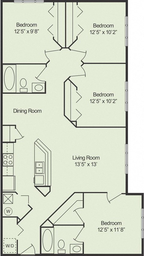 Floor plan for 4 beds, 2 baths, 1325 sqft